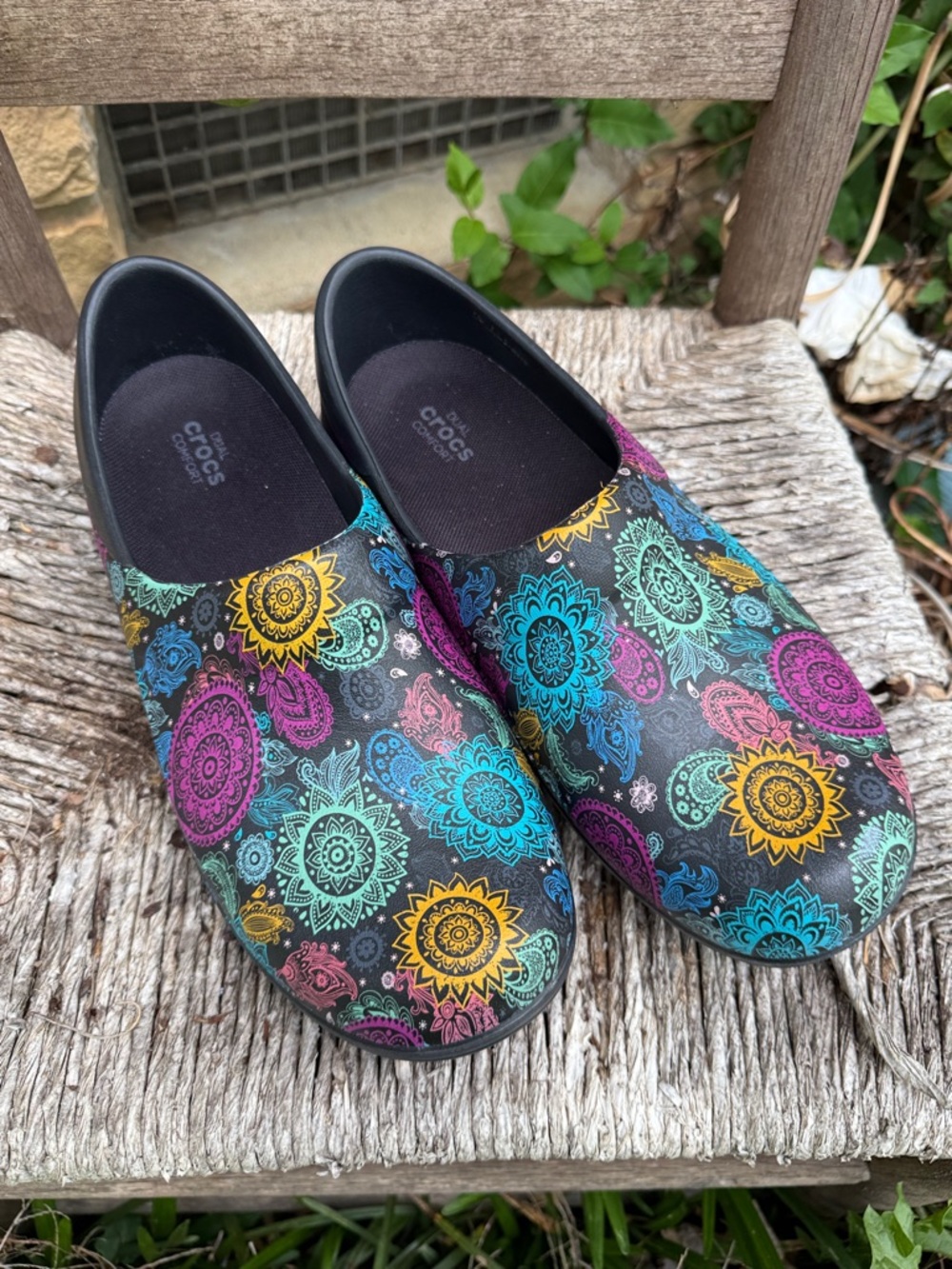 CROCS Black Slip-On Clogs with Teal, Purple, Yellow & Pink Mandala Print